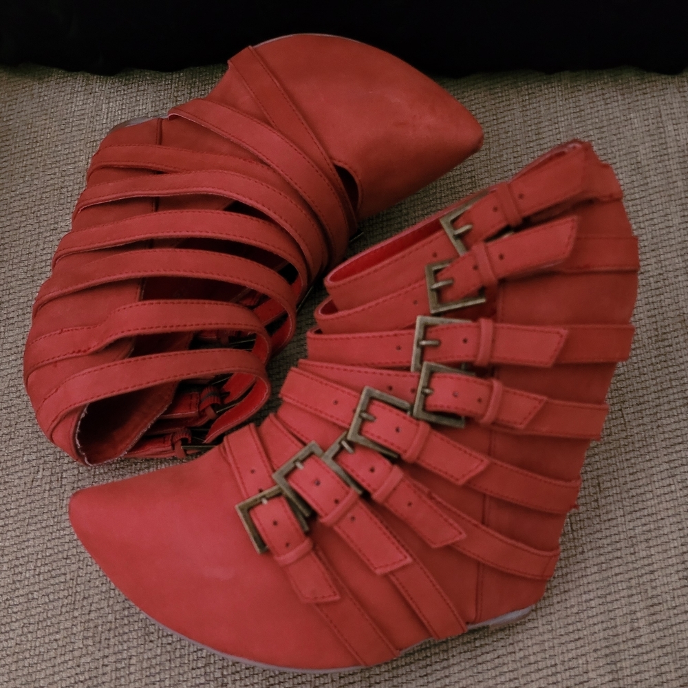 JEFFREY CAMPBELL ZIP 2 BRICK RED SUEDE PLATFORM WEDGES